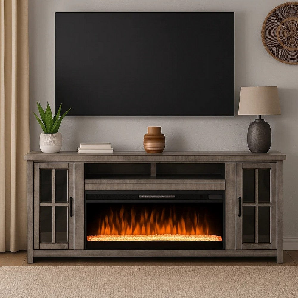Gery TV Media Console w Crystal Fireplace | 76" | 2 Cabinets | Gray