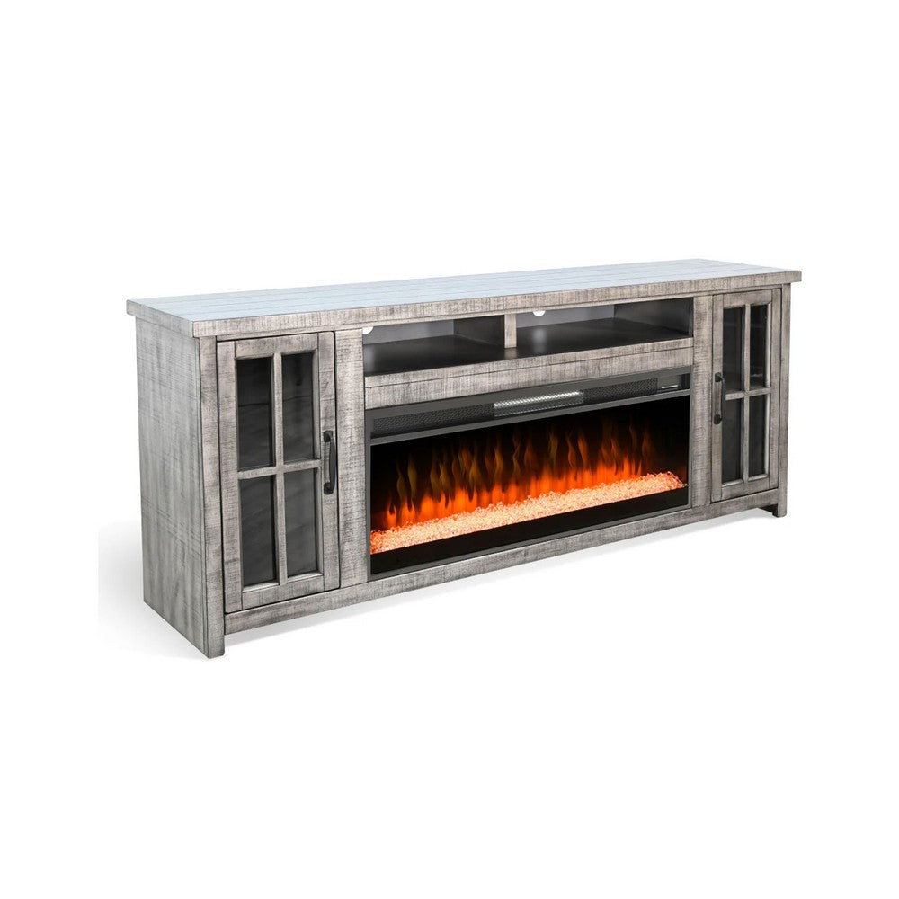 Gery TV Media Console w Crystal Fireplace | 76" | 2 Cabinets | Gray