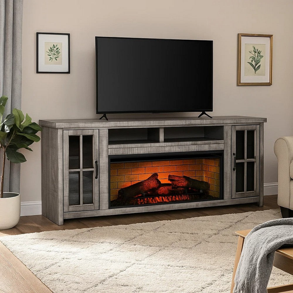 Gery TV Media Console w Log Fireplace | 76" | 2 Cabinets | Gray