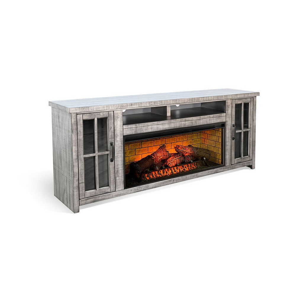 Gery TV Media Console w Log Fireplace | 76" | 2 Cabinets | Gray