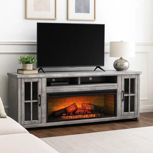 Gery TV Media Console w Log Fireplace | 76" | 2 Cabinets | Gray