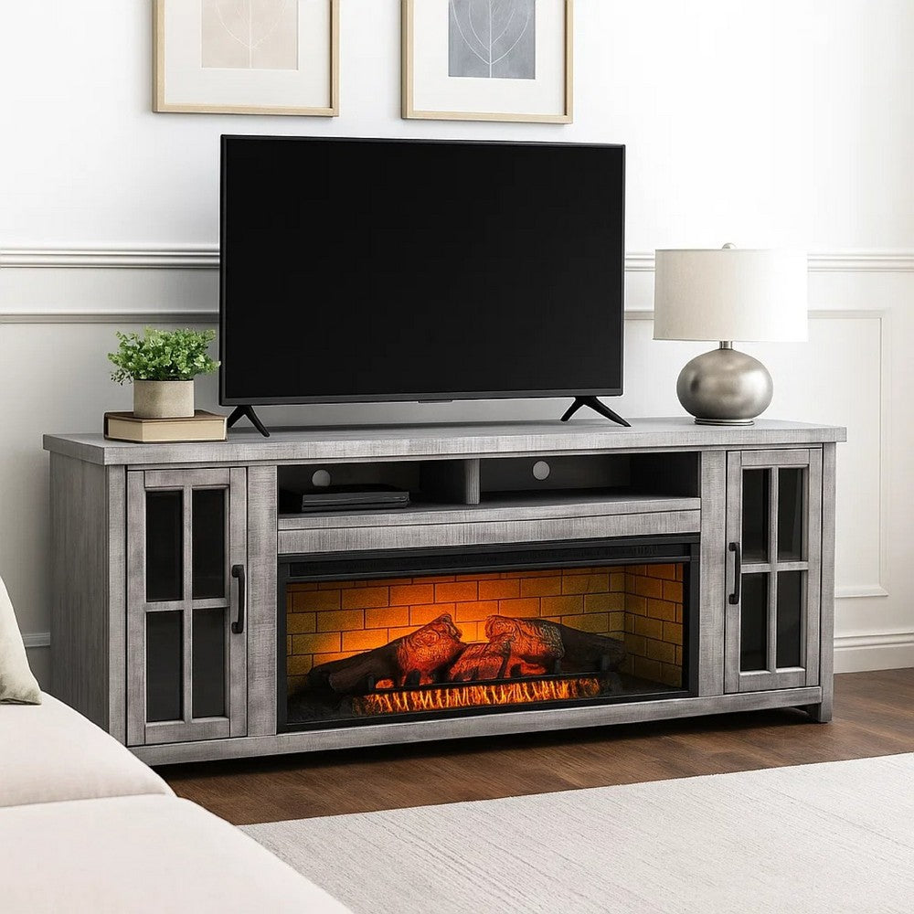 Gery TV Media Console w Log Fireplace | 76" | 2 Cabinets | Gray