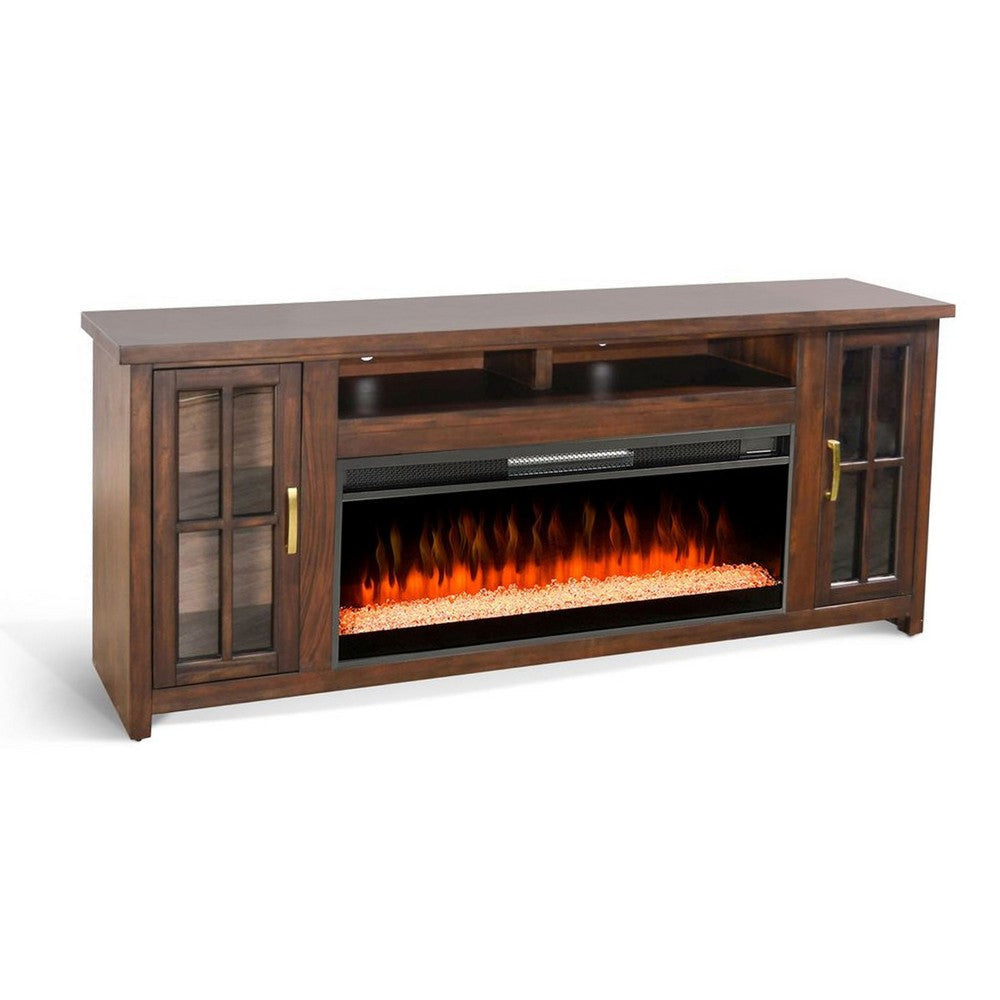 Gery TV Media Console w Crystal Fireplace | 76" | 2 Cabinets | Brown