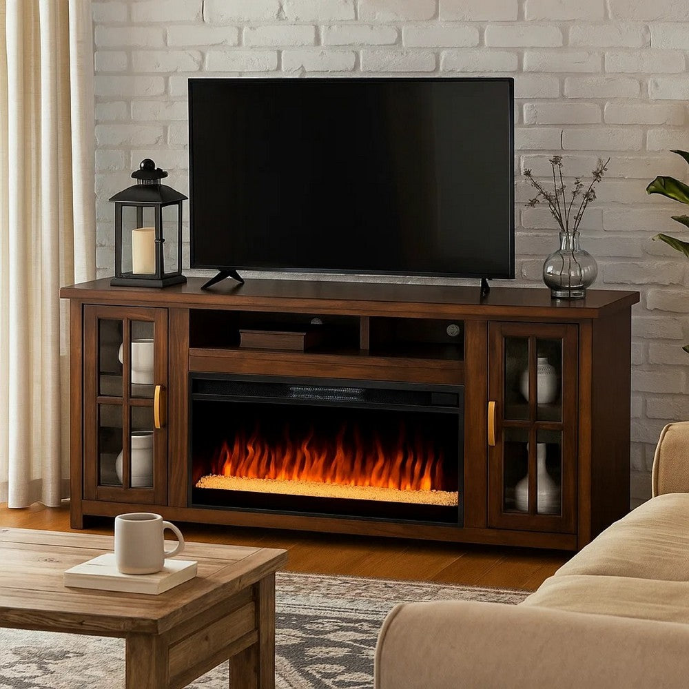 Gery TV Media Console w Crystal Fireplace | 76" | 2 Cabinets | Brown