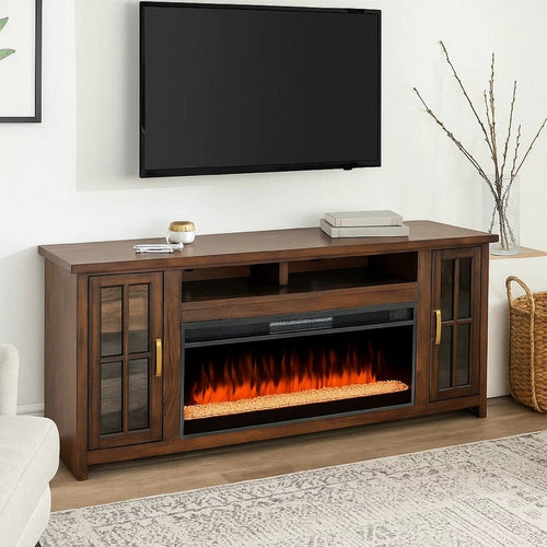 Gery TV Media Console w Crystal Fireplace | 76" | 2 Cabinets | Brown