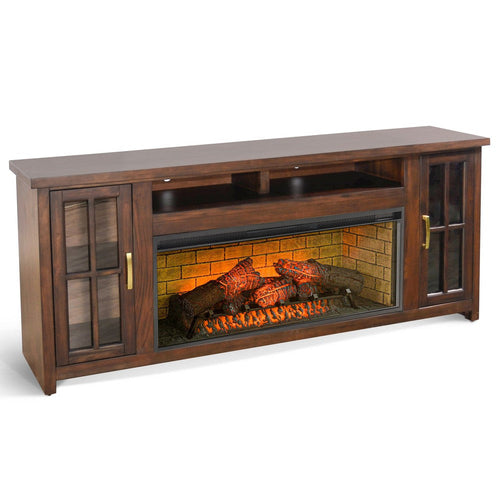 Gery TV Media Console w Log Fireplace | 76" | 2 Cabinets | Dark Brown
