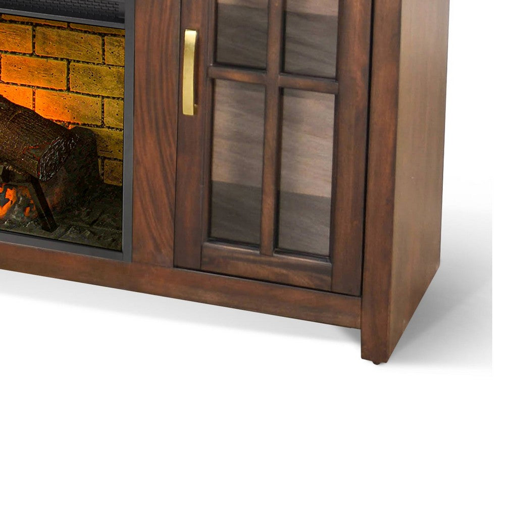 Gery TV Media Console w Log Fireplace | 76" | 2 Cabinets | Dark Brown