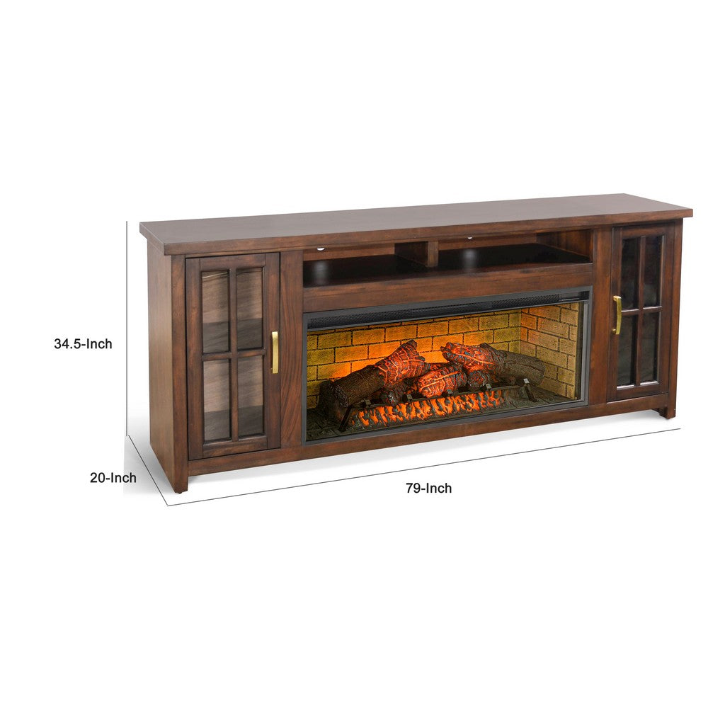 Gery TV Media Console w Log Fireplace | 76" | 2 Cabinets | Dark Brown