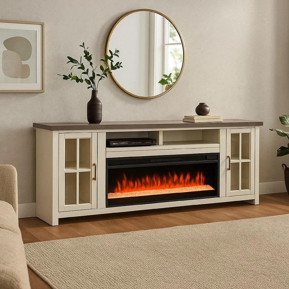 Gery TV Media Console w Crystal Fireplace | 76" | 2 Cabinets | White