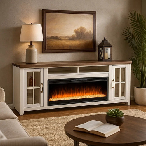 Gery TV Media Console w Crystal Fireplace | 76" | 2 Cabinets | White