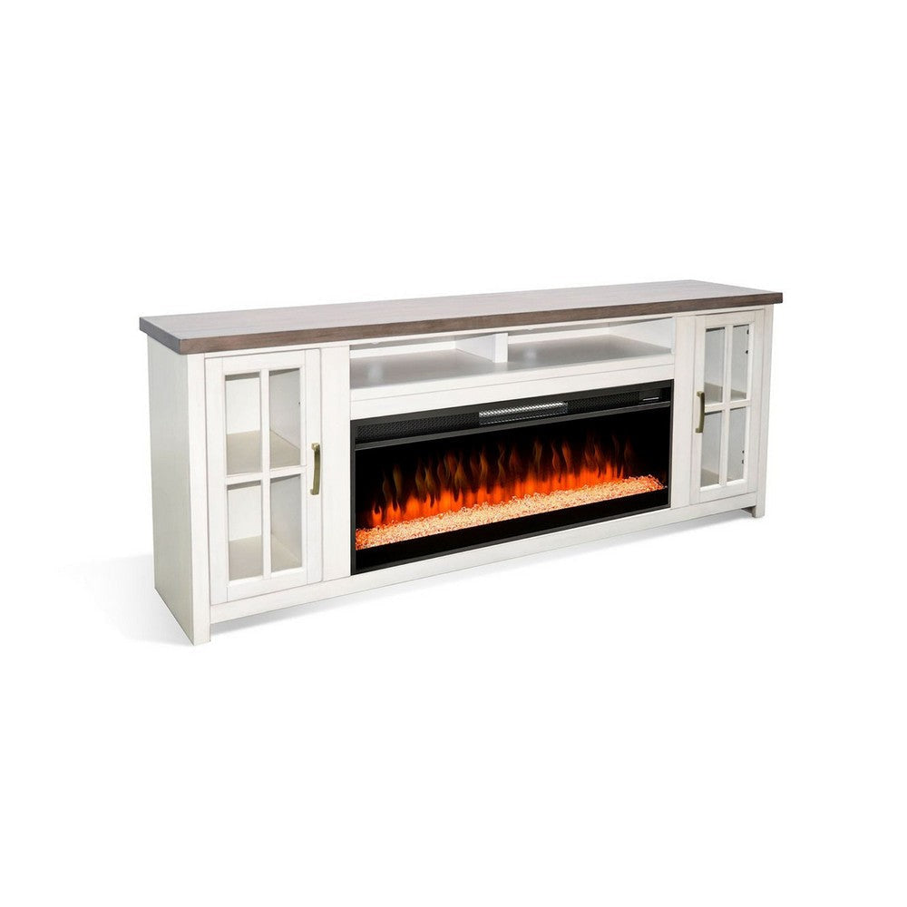Gery TV Media Console w Crystal Fireplace | 76" | 2 Cabinets | White