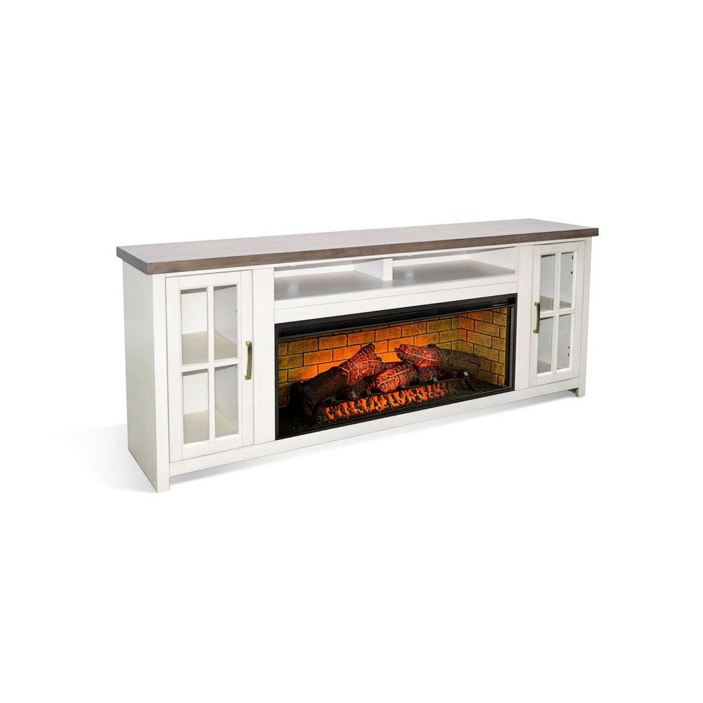Gery TV Media Console w Log Fireplace | 76" | 2 Cabinets | White