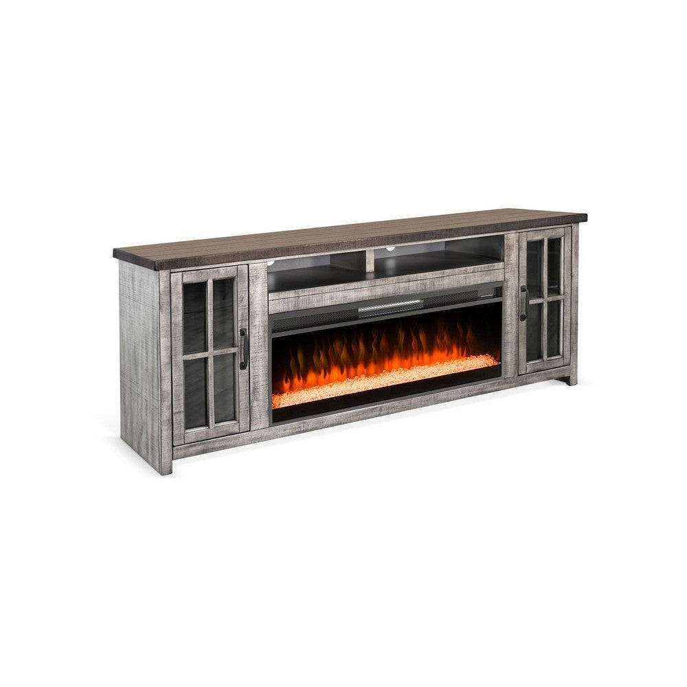 Gery TV Console w Crystal Fireplace | 76" | 2 Cabinets | Gray Brown Mahogany