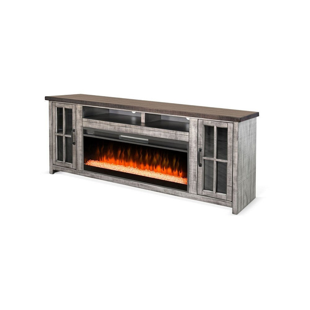 Gery TV Console w Crystal Fireplace | 76’’ | 2 Cabinets | Gray Brown Mahogany BM339826