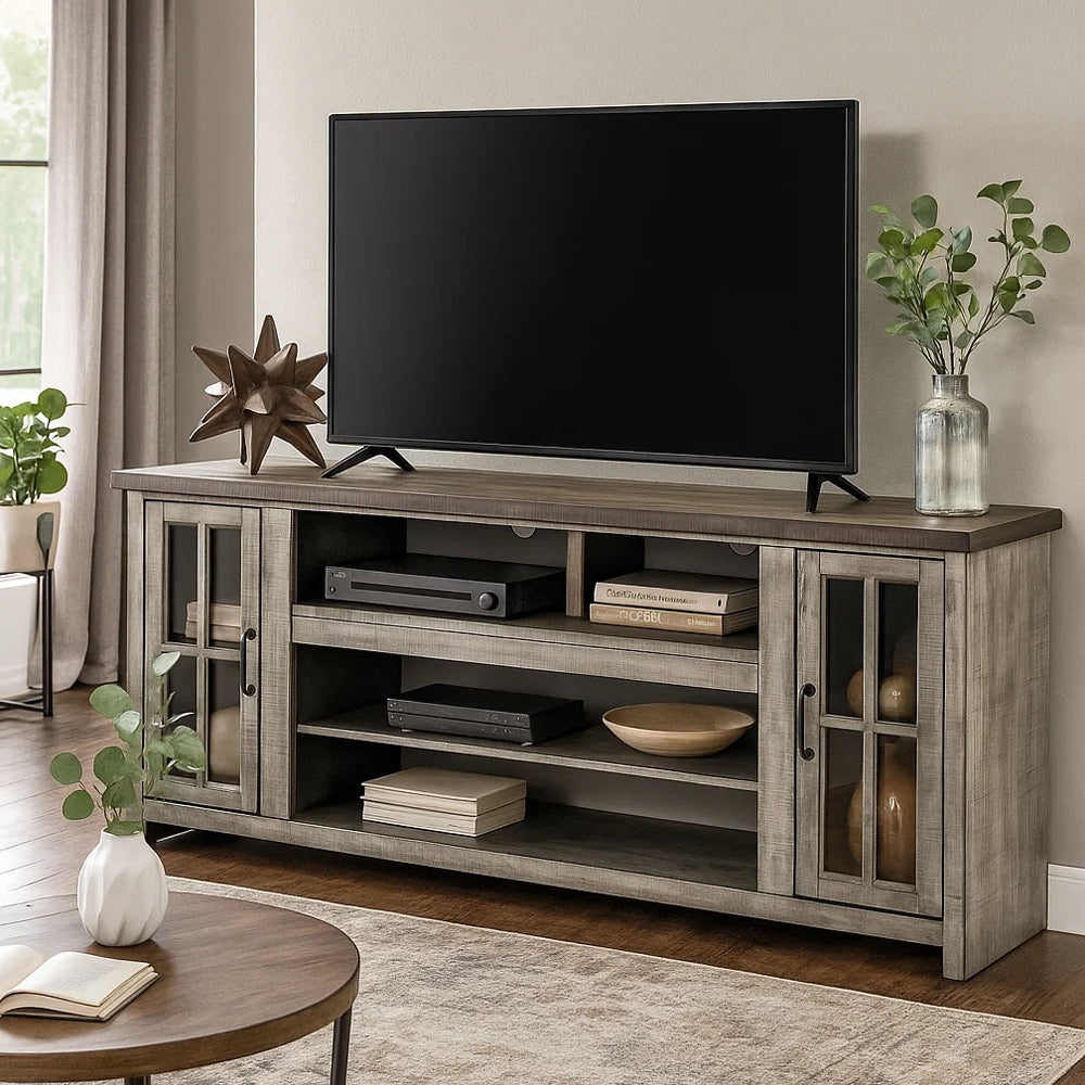 Gery TV Media Entertainment Console | 76" | 2 Cabinets | Gray Brown Mahogany