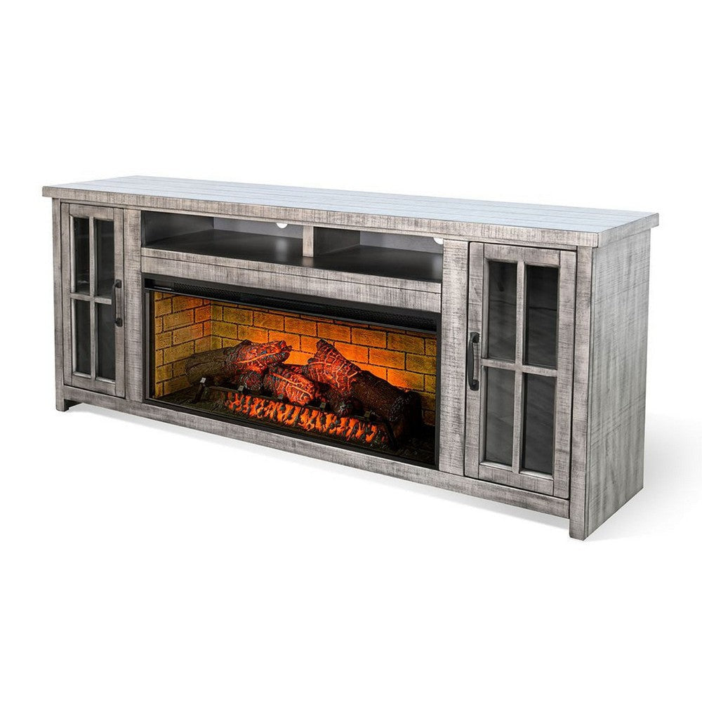 Gery TV Console w Log Fireplace | 76’’ | 2 Cabinets | Gray Brown Mahogany BM339827
