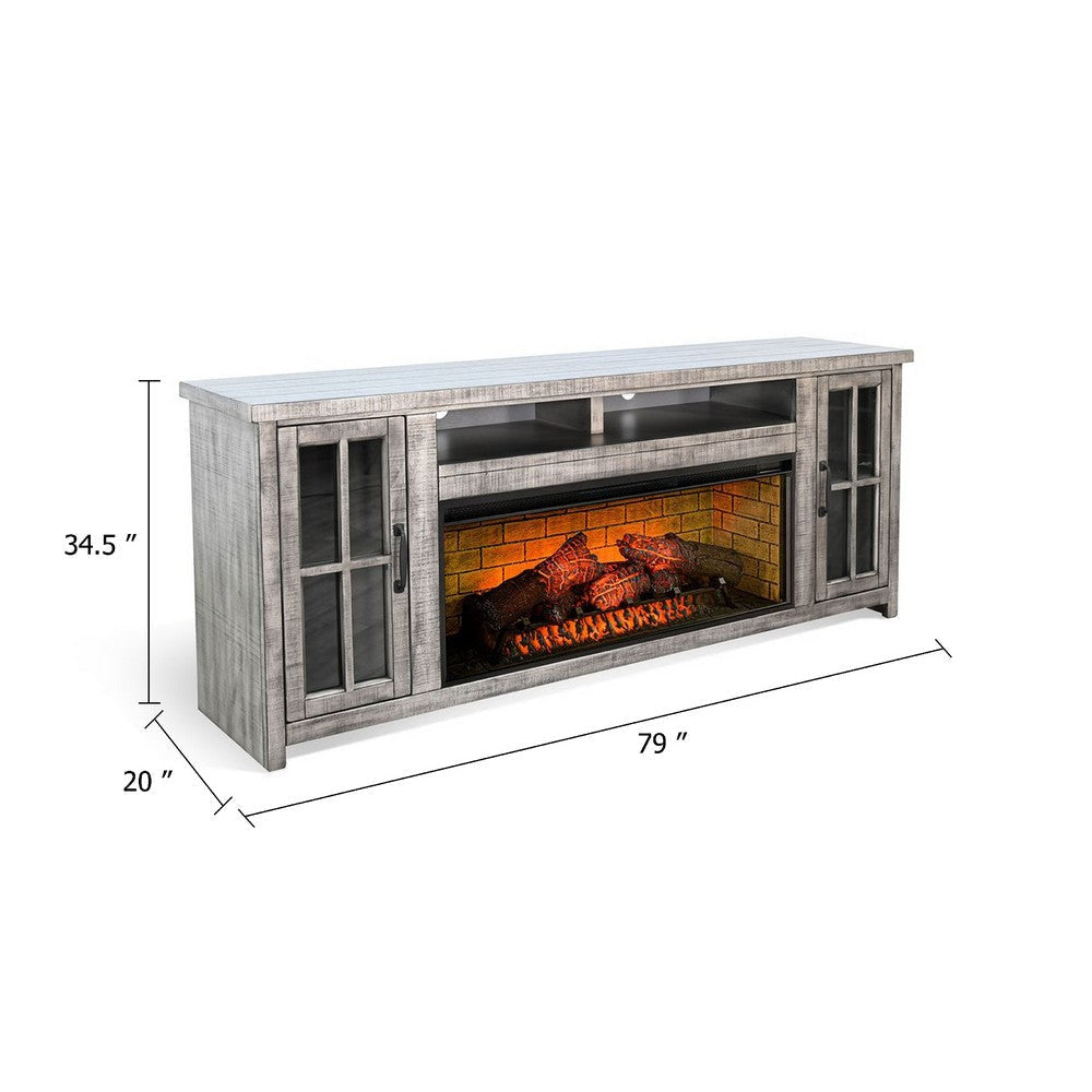 Gery TV Console w Log Fireplace | 76’’ | 2 Cabinets | Gray Brown Mahogany BM339827