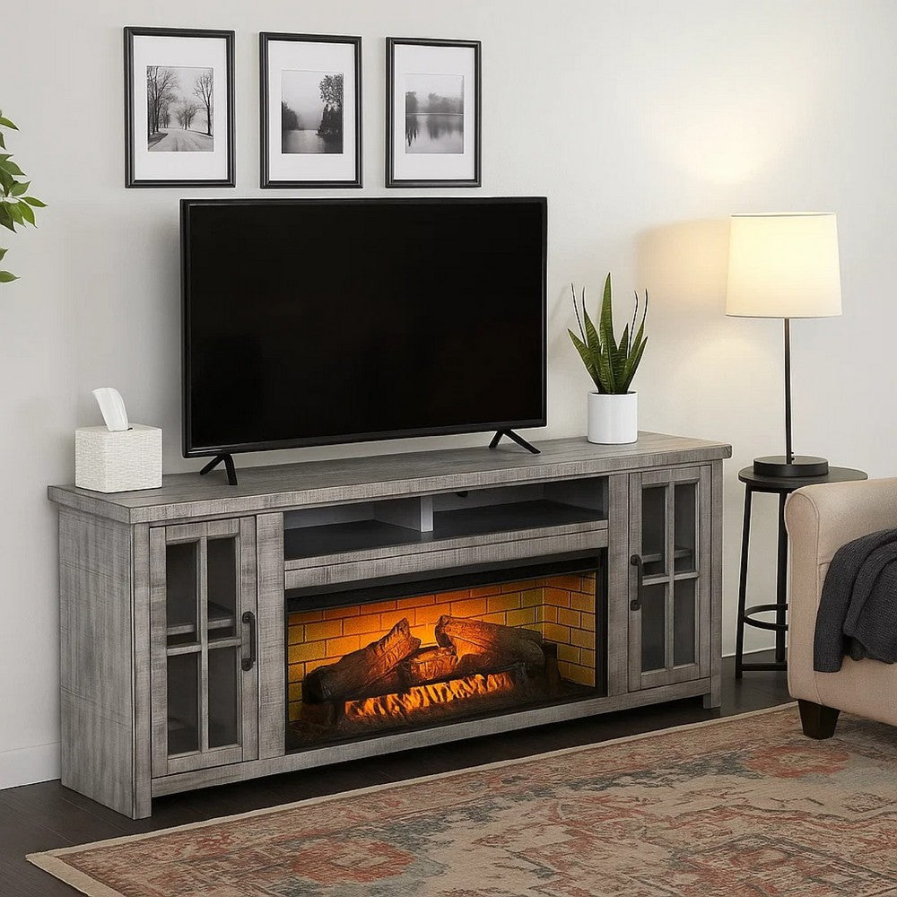 Gery TV Console w Log Fireplace | 76" | 2 Cabinets | Gray Brown Mahogany
