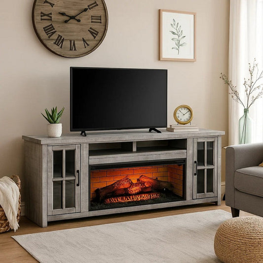 Gery TV Console w Log Fireplace | 76" | 2 Cabinets | Gray Brown Mahogany