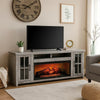 Gery TV Console w Log Fireplace | 76" | 2 Cabinets | Gray Brown Mahogany