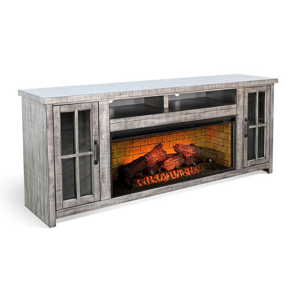 Gery TV Console w Log Fireplace | 76" | 2 Cabinets | Gray Brown Mahogany
