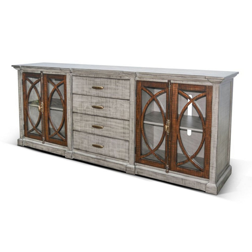 Camie TV Media Console | 4 Glass Cabinet Doors | Gray Solid Wood 91’’ BM339830
