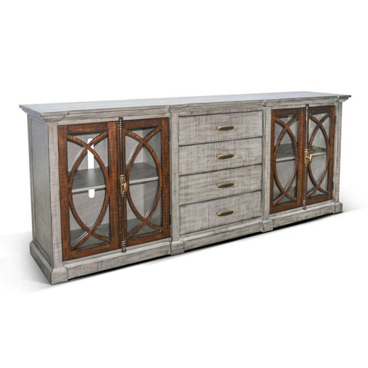 Camie TV Media Console | 4 Glass Cabinet Doors | Gray Solid Wood, 91"