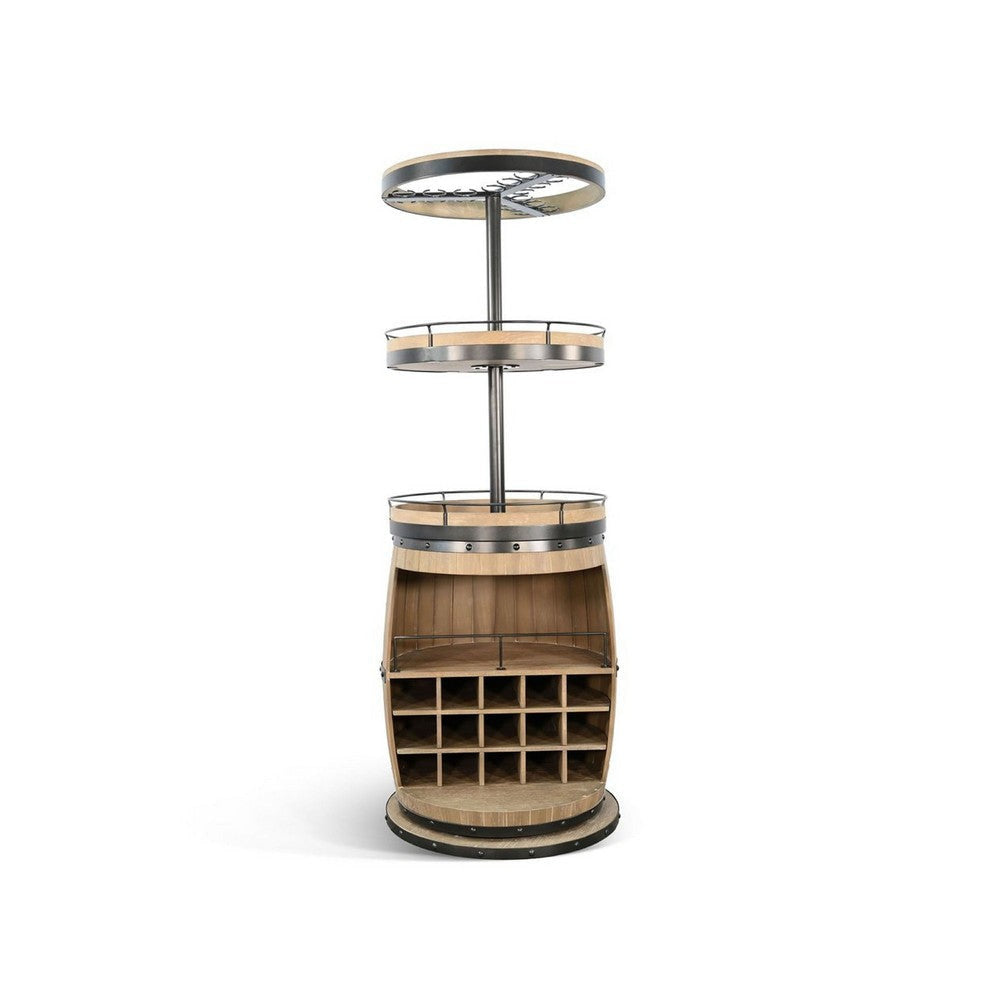 Greta Barrel Bar Unit w Swivel Base | Wine Cubbies | Natural Mindi Wood BM339834