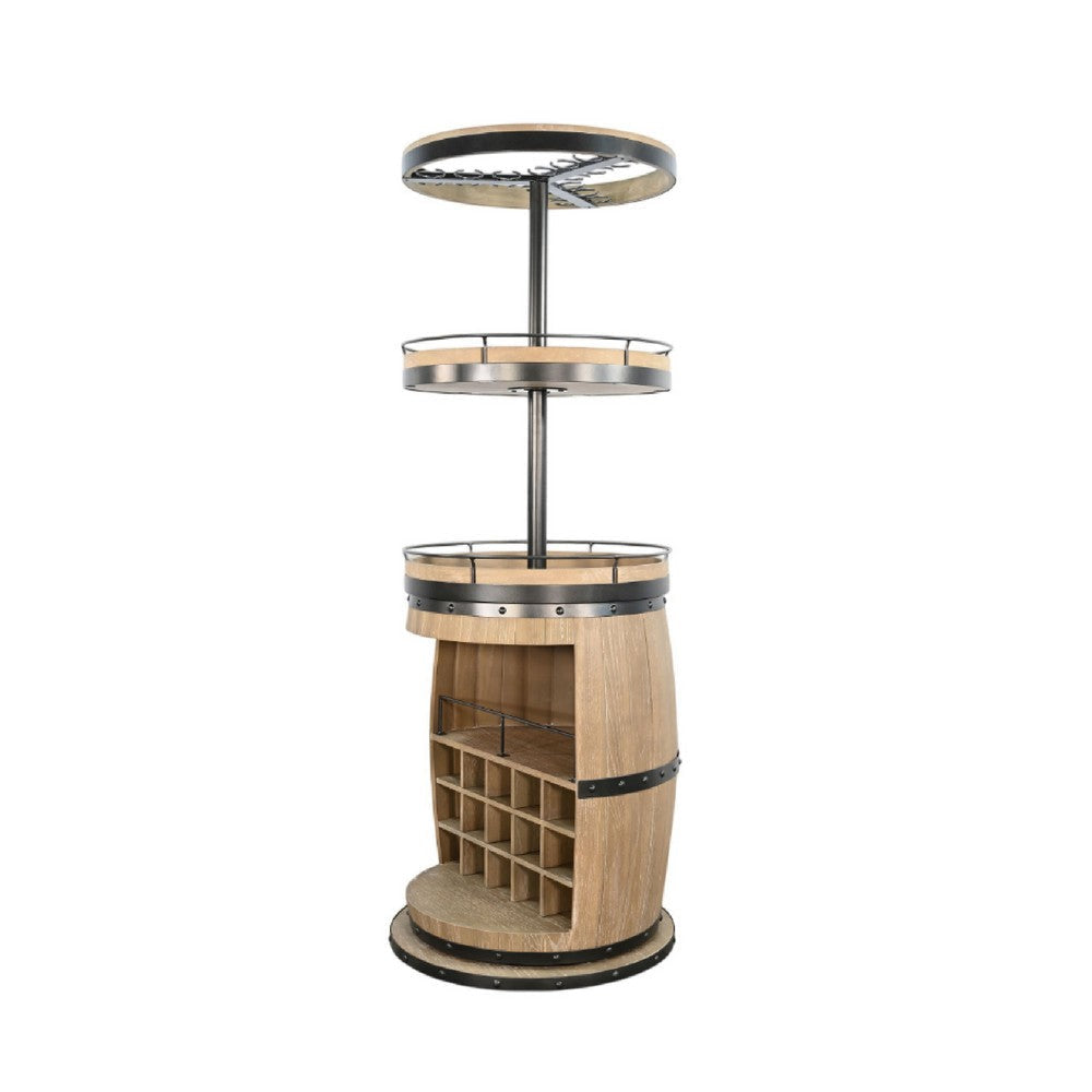 Greta Barrel Bar Unit w Swivel Base | Wine Cubbies | Natural Mindi Wood BM339834