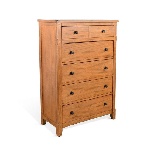 Senny Tall Dresser Chest w 5 Drawers | Brown Solid Mindi Wood