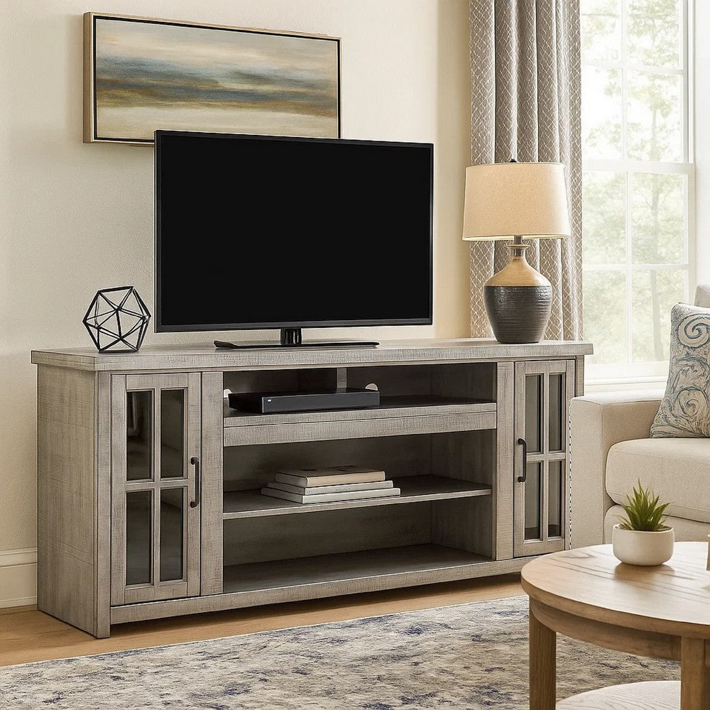 Leyla TV Stand Media Cabinet | 2 Glass Doors & Shelves | Gray Wood 76"