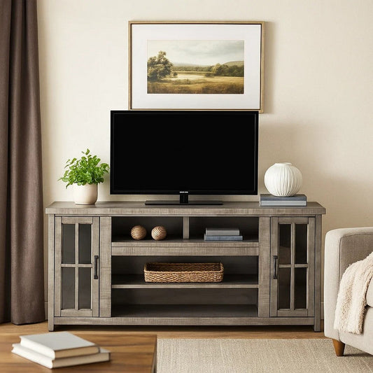 Leyla TV Stand Media Cabinet | 2 Glass Doors & Shelves | Gray Wood 76"