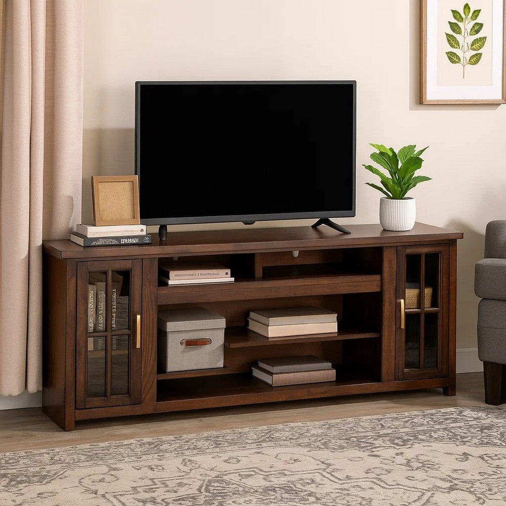Leyla TV Stand Media Cabinet | 2 Glass Doors| Brown Solid Wood 76"