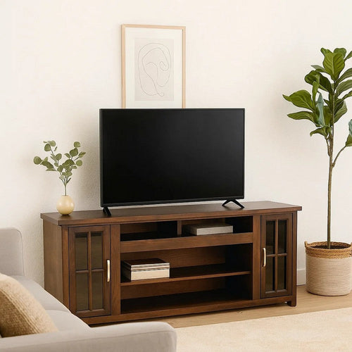 Leyla TV Stand Media Cabinet | 2 Glass Doors| Brown Solid Wood 76"