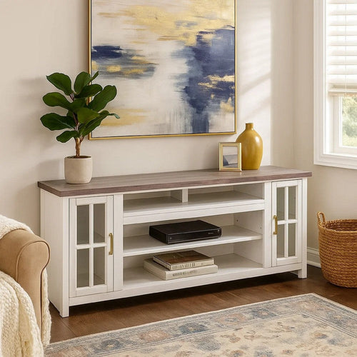 Leyla TV Stand Media Cabinet | 2 Doors & Shelves | White Wood 76"