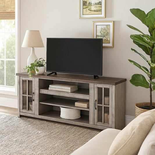 Leyla TV Stand Media Cabinet | 2 Doors | Shelves | Gray-Brown Wood 76"