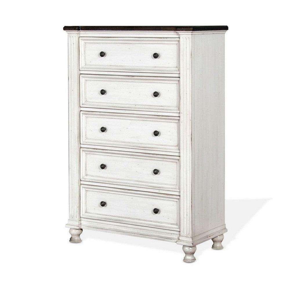 Orso Tall Dresser Chest | 5 Drawers | Panel Detailed White Mahogany Wood BM339846