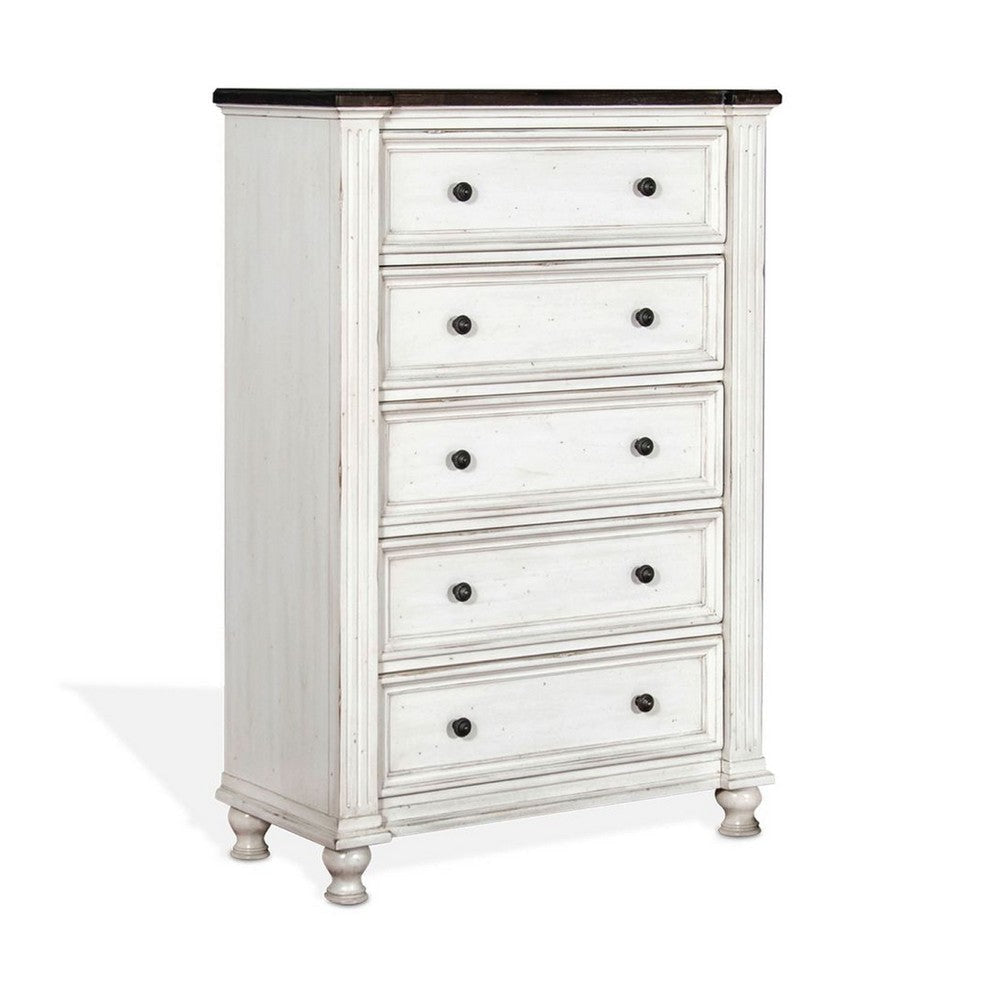 Orso Tall Dresser Chest | 5 Drawers | Panel Detailed White Mahogany Wood