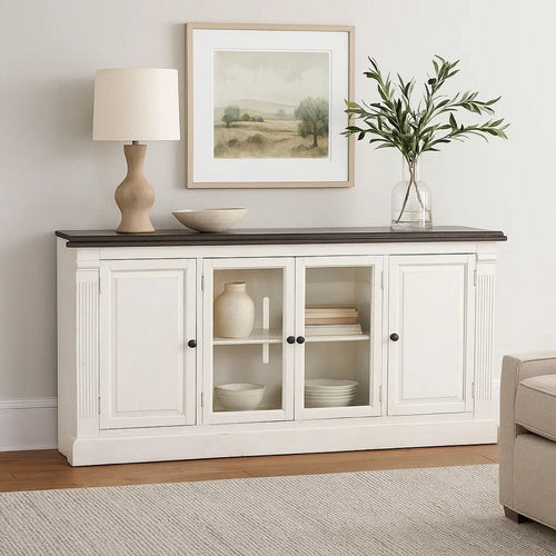 Ivvy TV Stand Media Cabinet | Shelves | White Brown Wood Molding | 81"