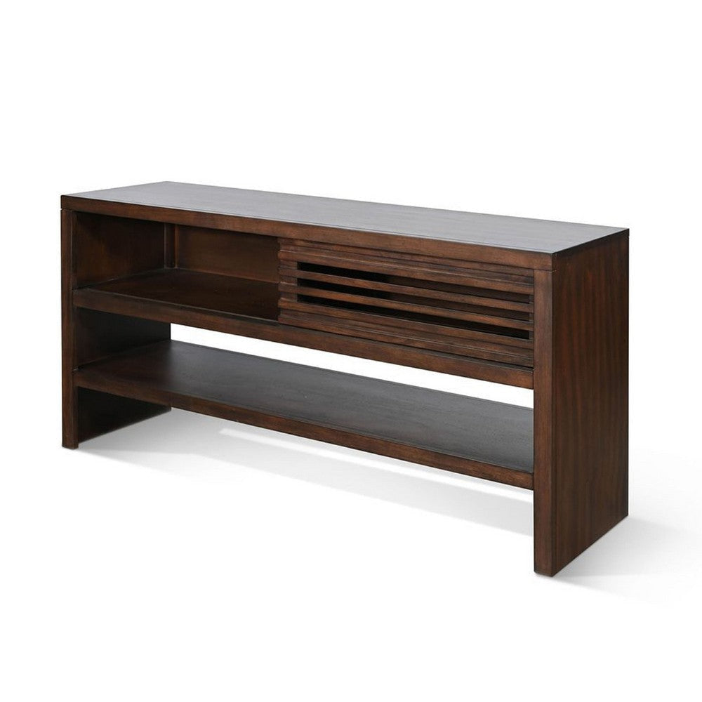 Vani Sofa Table | Sliding Door | 54’’ Brown Wood Slatted Design BM339856
