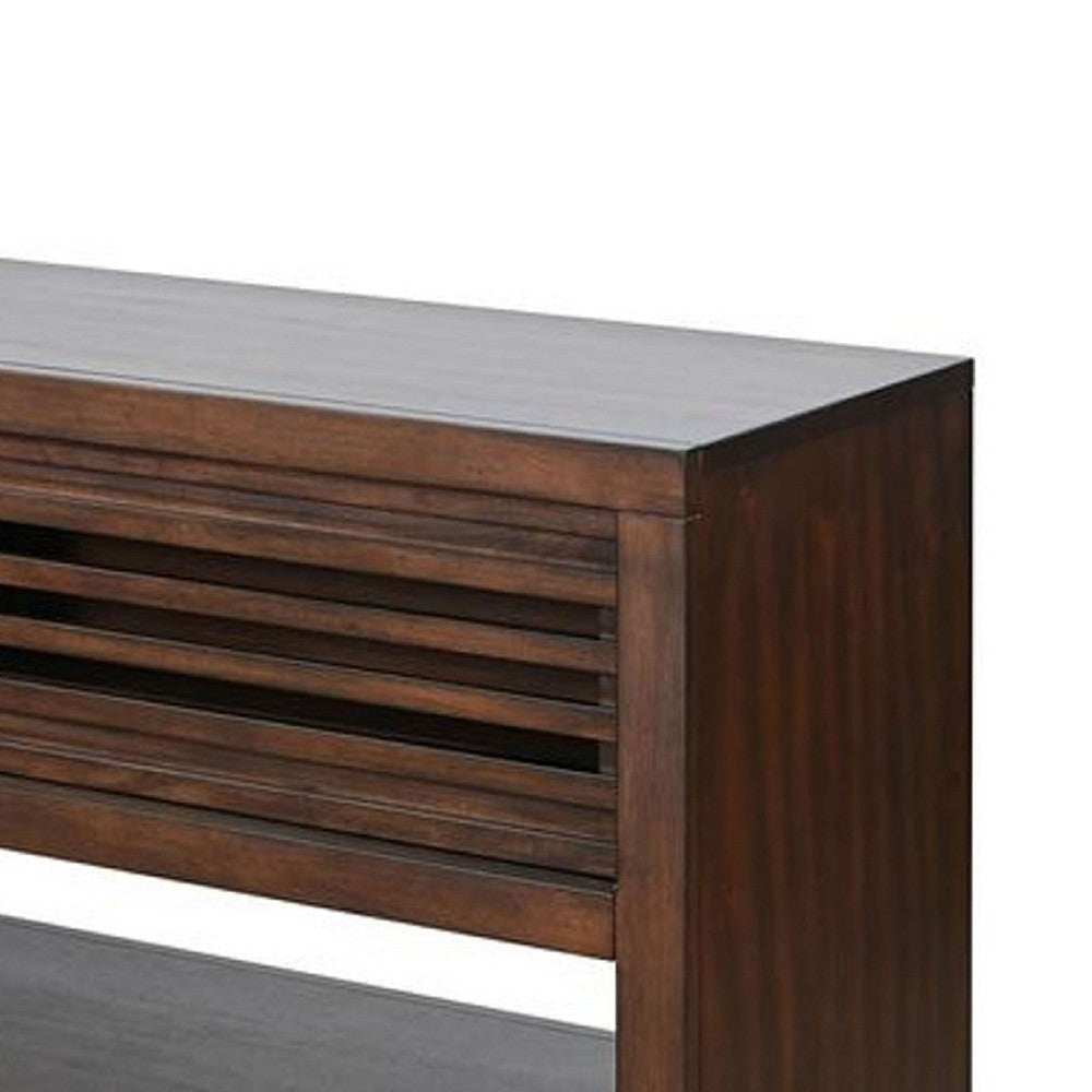 Vani Sofa Table | Sliding Door | 54’’ Brown Wood Slatted Design BM339856