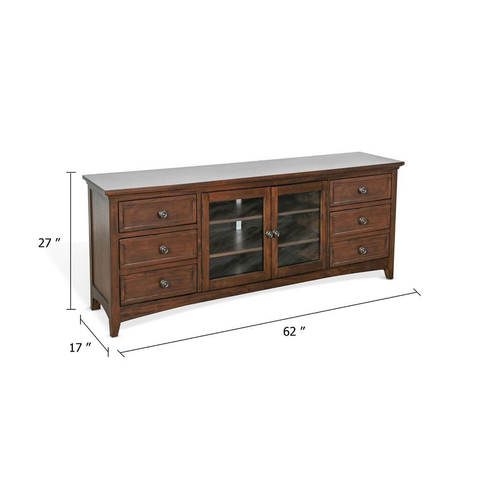 Xyla TV Stand Media Cabinet Glass Door | 6 Drawers | Brown Wood | 62’’