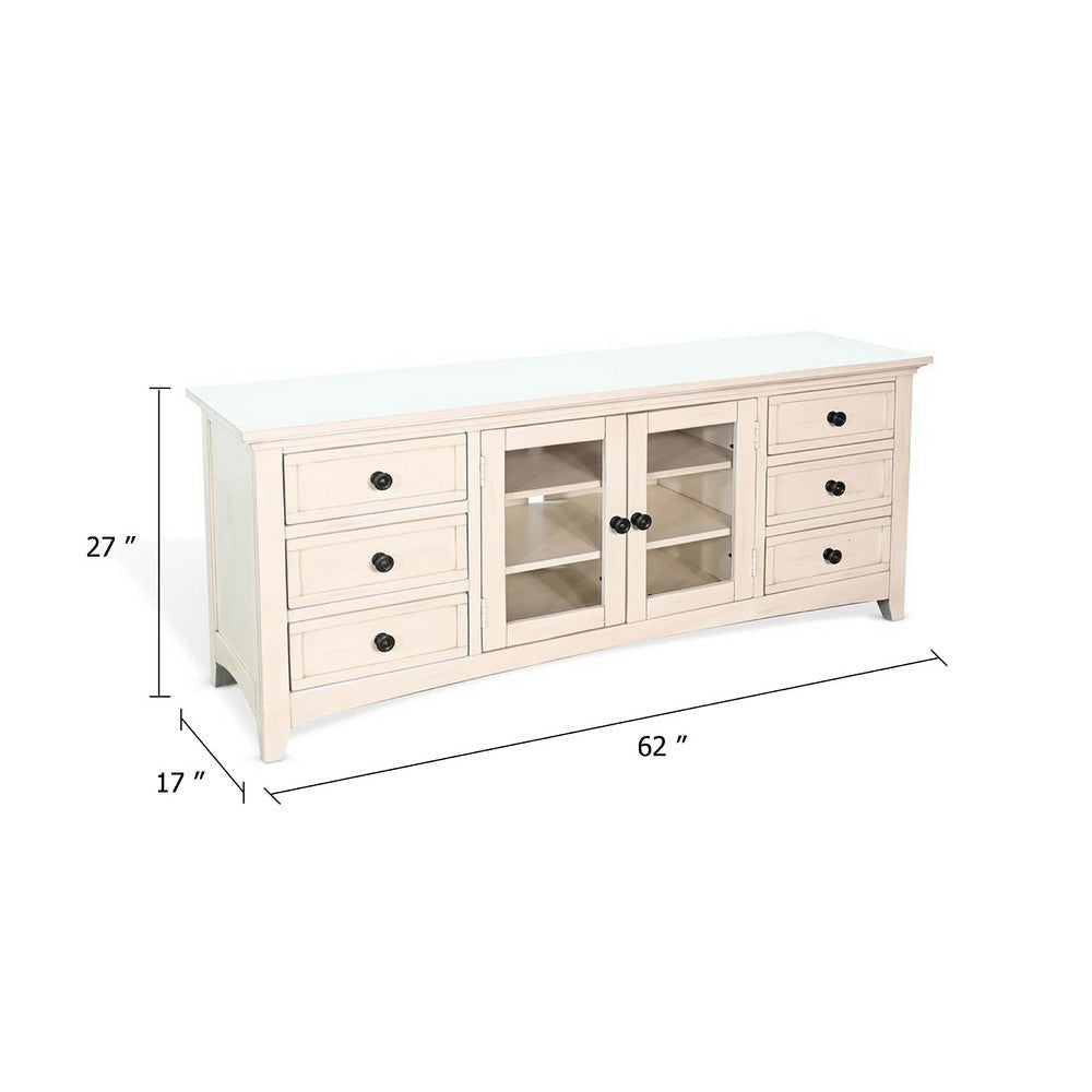 Xyla TV Stand Media Cabinet Glass Door | 6 Drawers | White Wood | 62’’