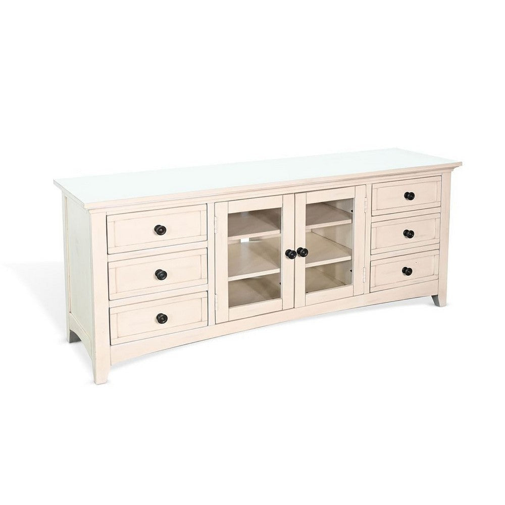 Xyla TV Stand Media Cabinet Glass Door | 6 Drawers | White Wood | 62"