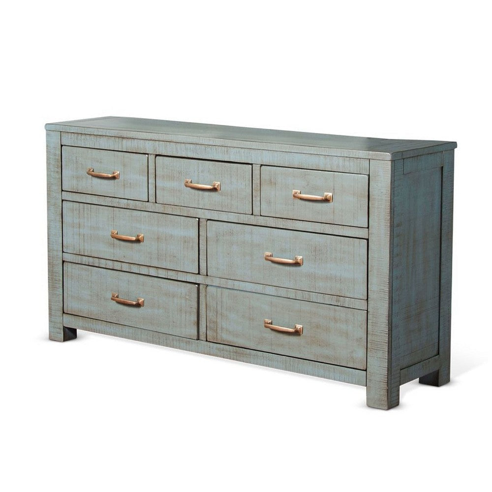 Azael Wide Dresser Chest | 4 Large & 3 Small Drawers | Blue Wood BM339894
