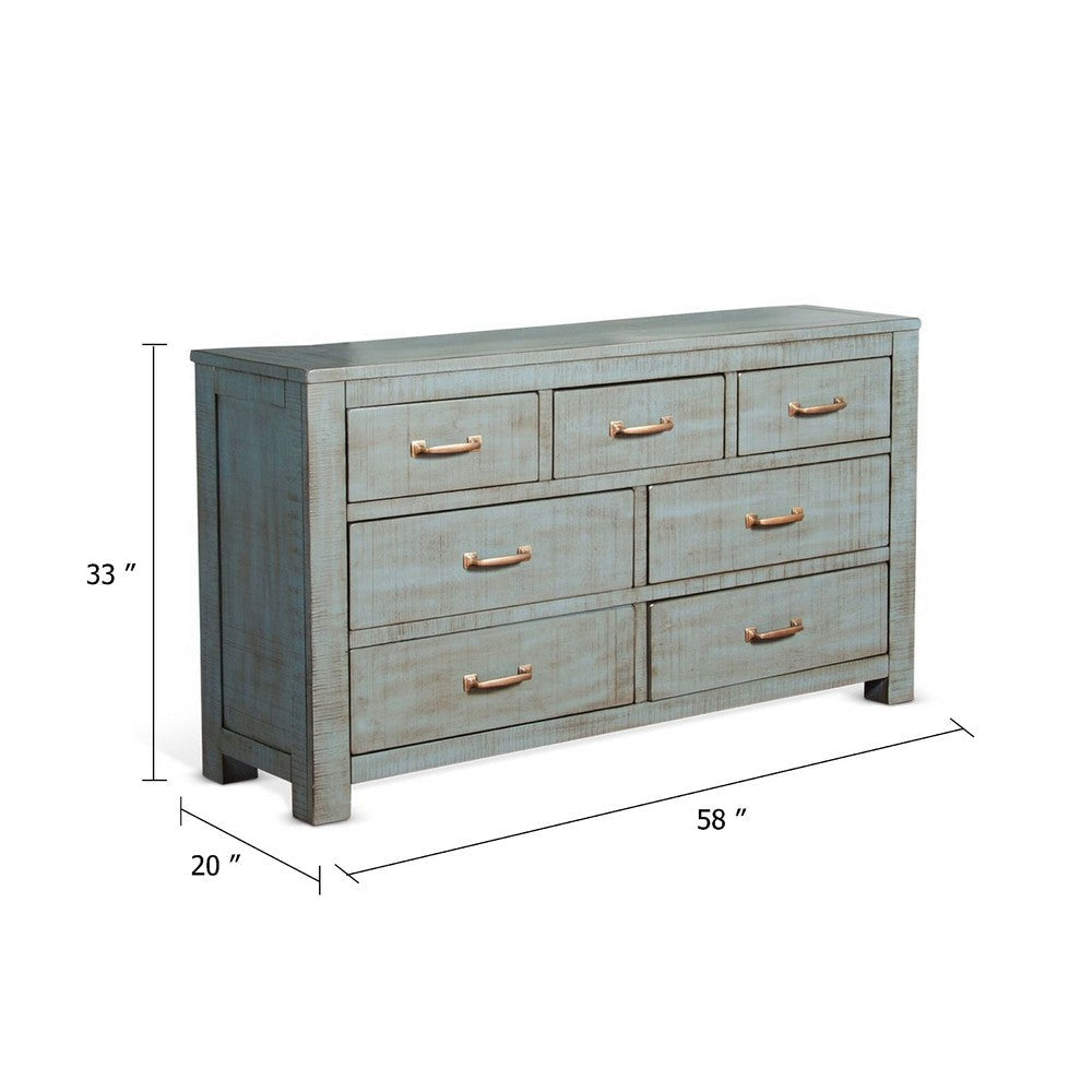 Azael Wide Dresser Chest | 4 Large & 3 Small Drawers | Blue Wood BM339894