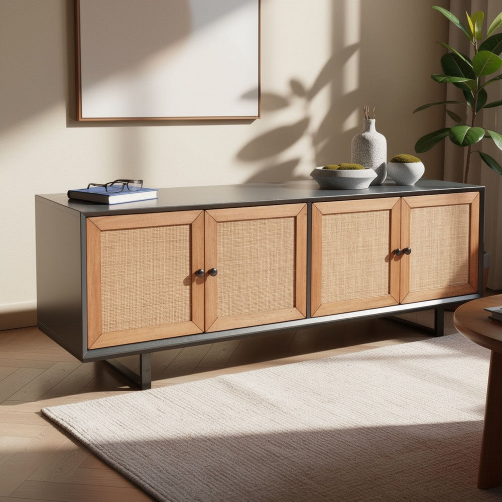 Addy Sideboard Accent Cabinet | 4 Natural Woven Cane Doors | Black Mahogany