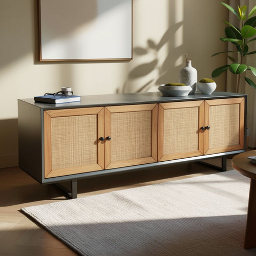 Addy Sideboard Accent Cabinet | 4 Natural Woven Cane Doors | Black Mahogany