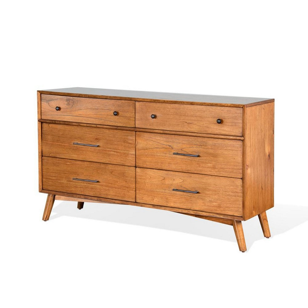 Amy 60"  Wide Dresser | 6 Drawers | Angled Legs | Brown Solid Wood