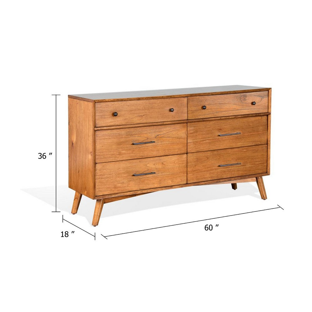 Amy 60"  Wide Dresser | 6 Drawers | Angled Legs | Brown Solid Wood